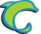 A blue and green dolphin logo with the letter c.